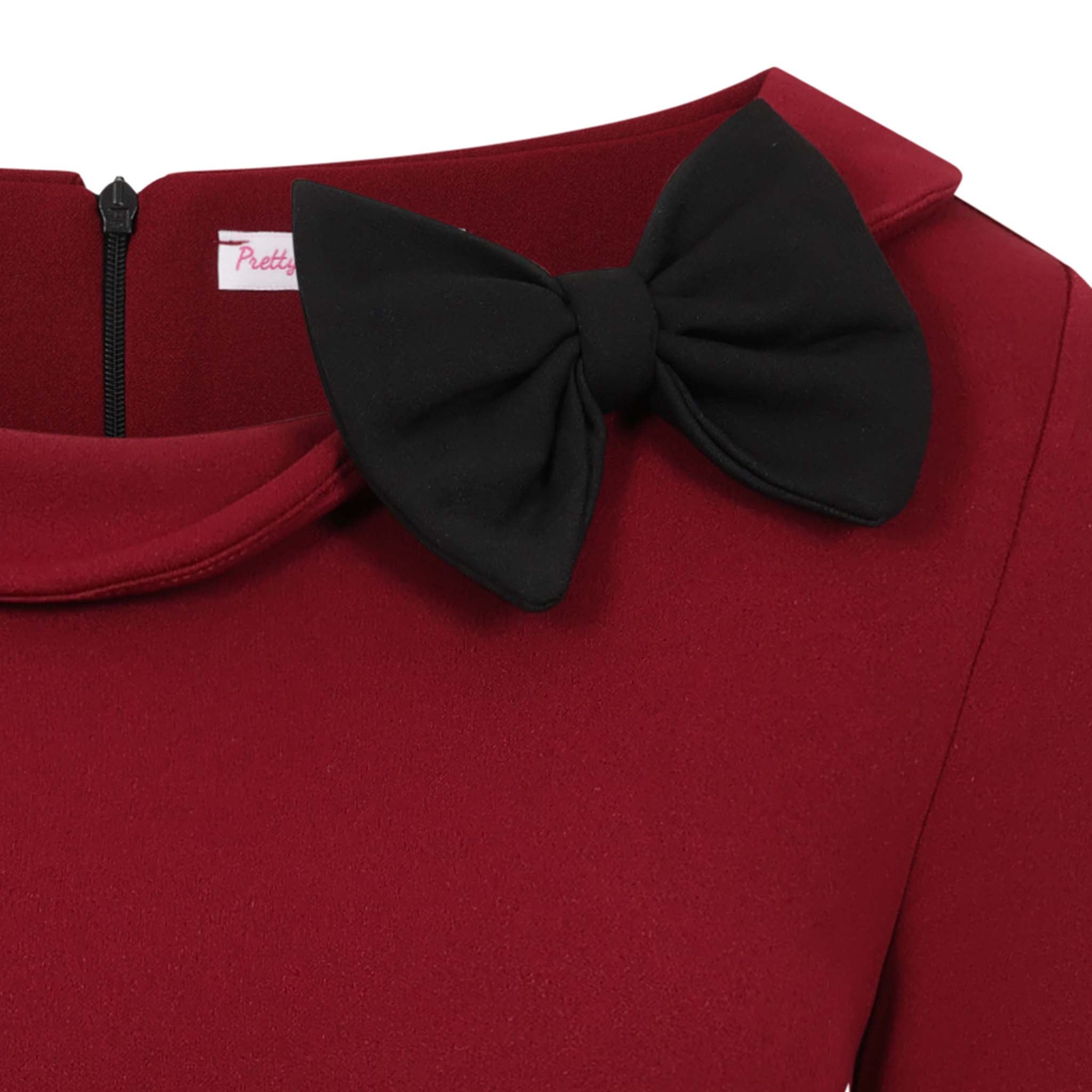 Wine Black 3/4 Sleeve Belted Bow Pencil Dress