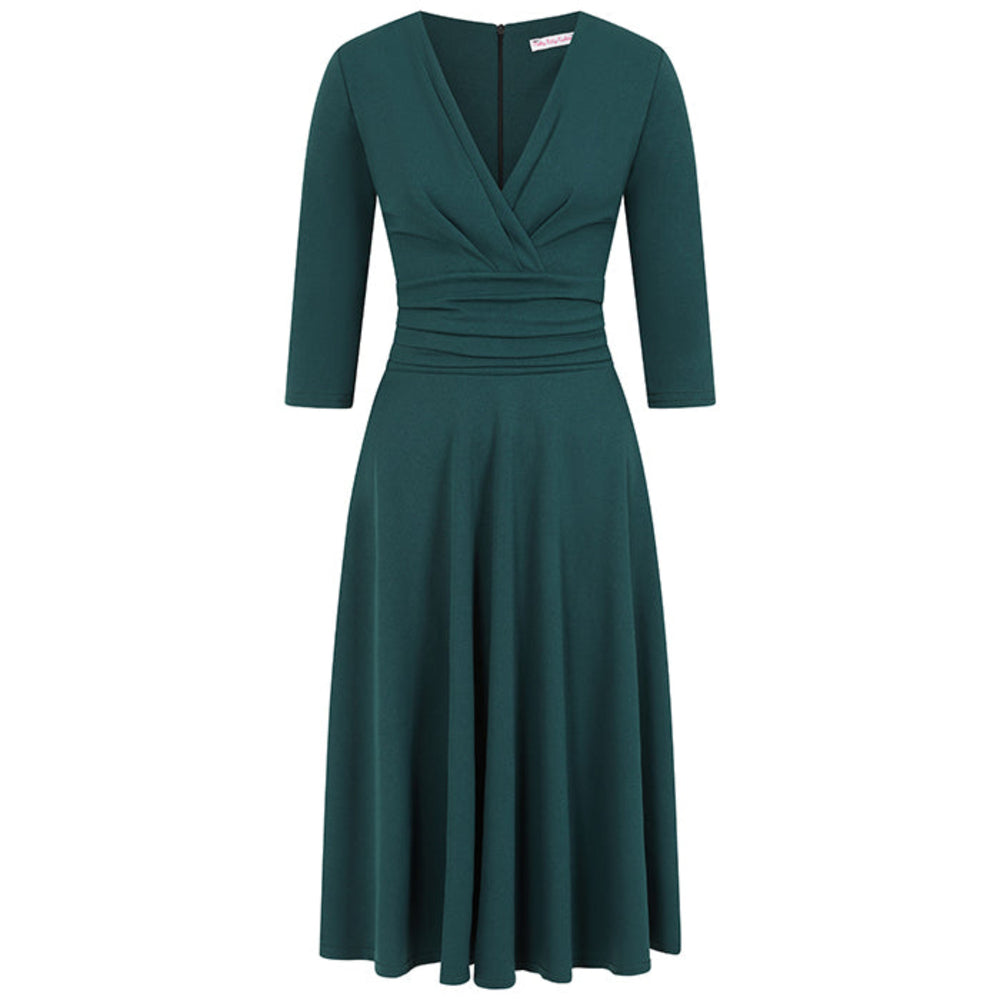 Forest Green Deep V Neck A Line Vintage Ruched Waist 3/4 Sleeve Swing Midi Dress