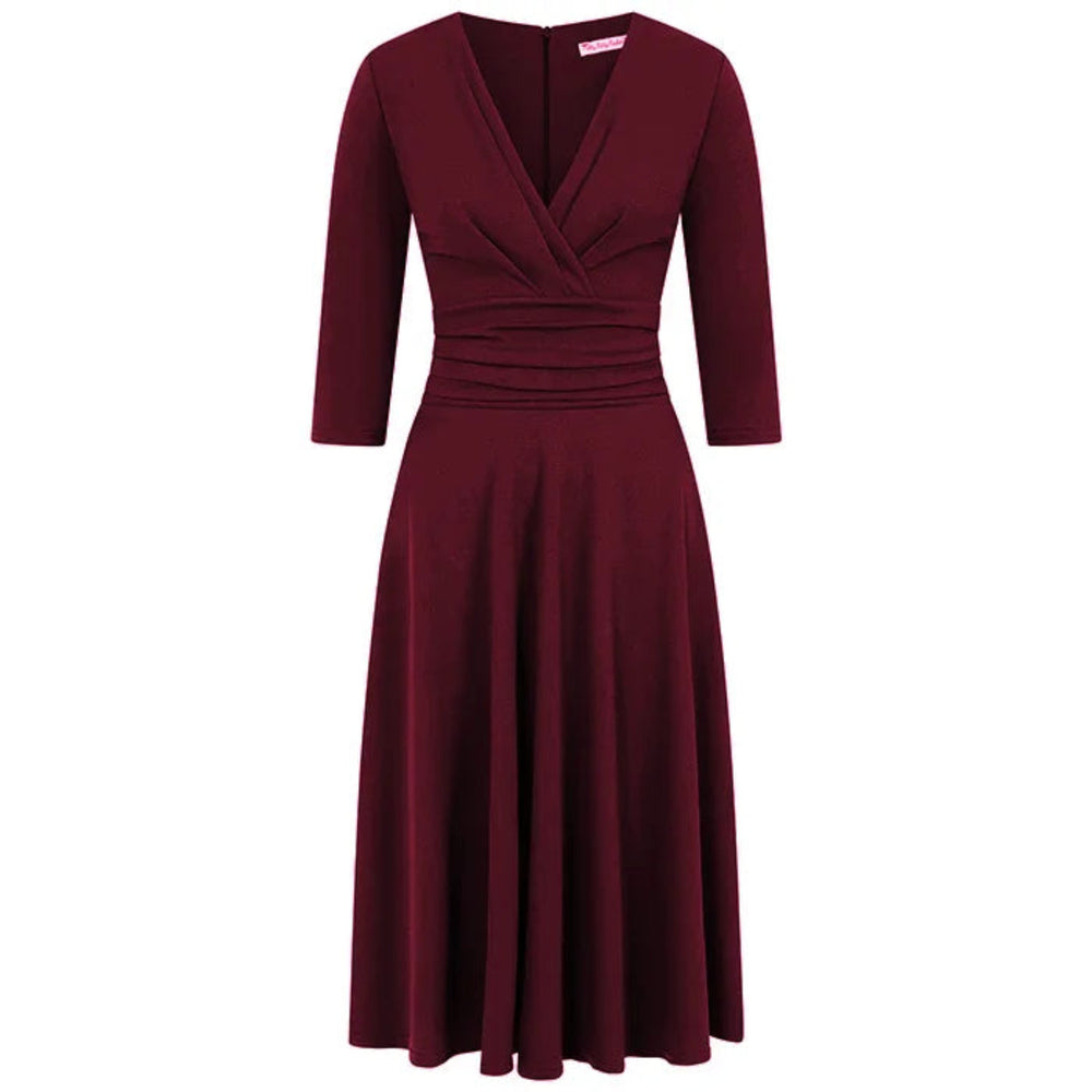 Wine Red Deep V Neck A Line Vintage Ruched Waist 3/4 Sleeve Swing Midi Dress