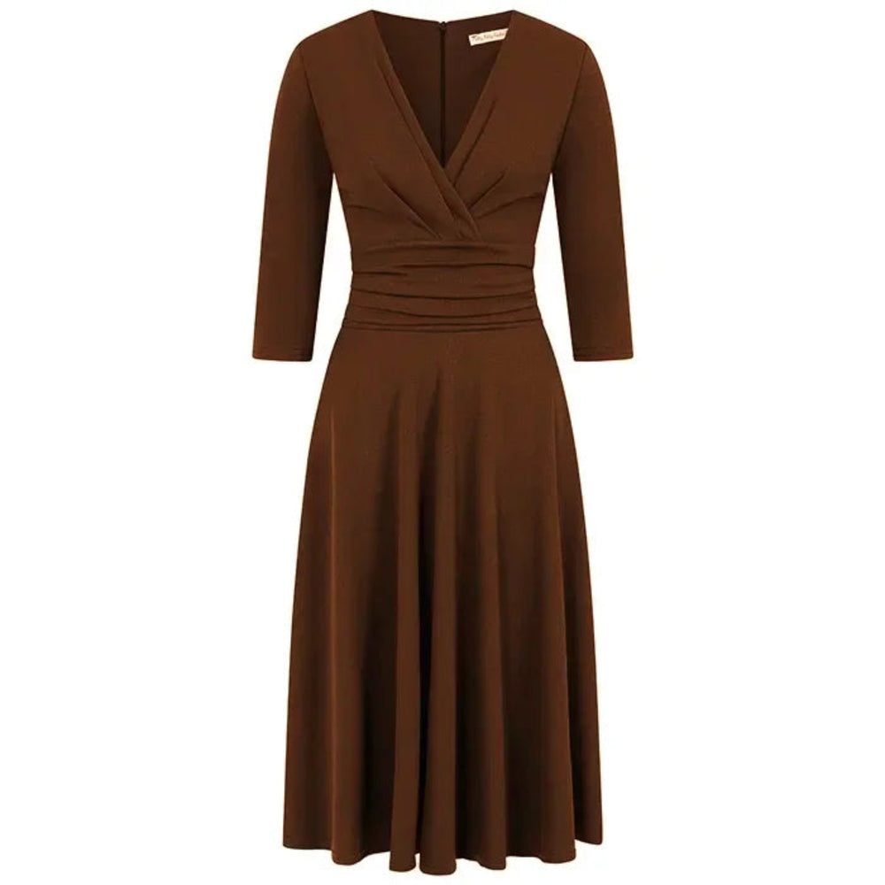 Chocolate Brown Deep V Neck A Line Vintage Ruched Waist 3/4 Sleeve Swing Midi Dress