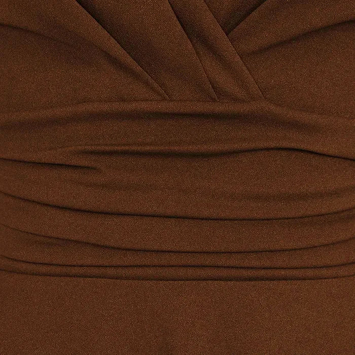 Chocolate Brown Deep V Neck A Line Vintage Ruched Waist 3/4 Sleeve Swing Midi Dress