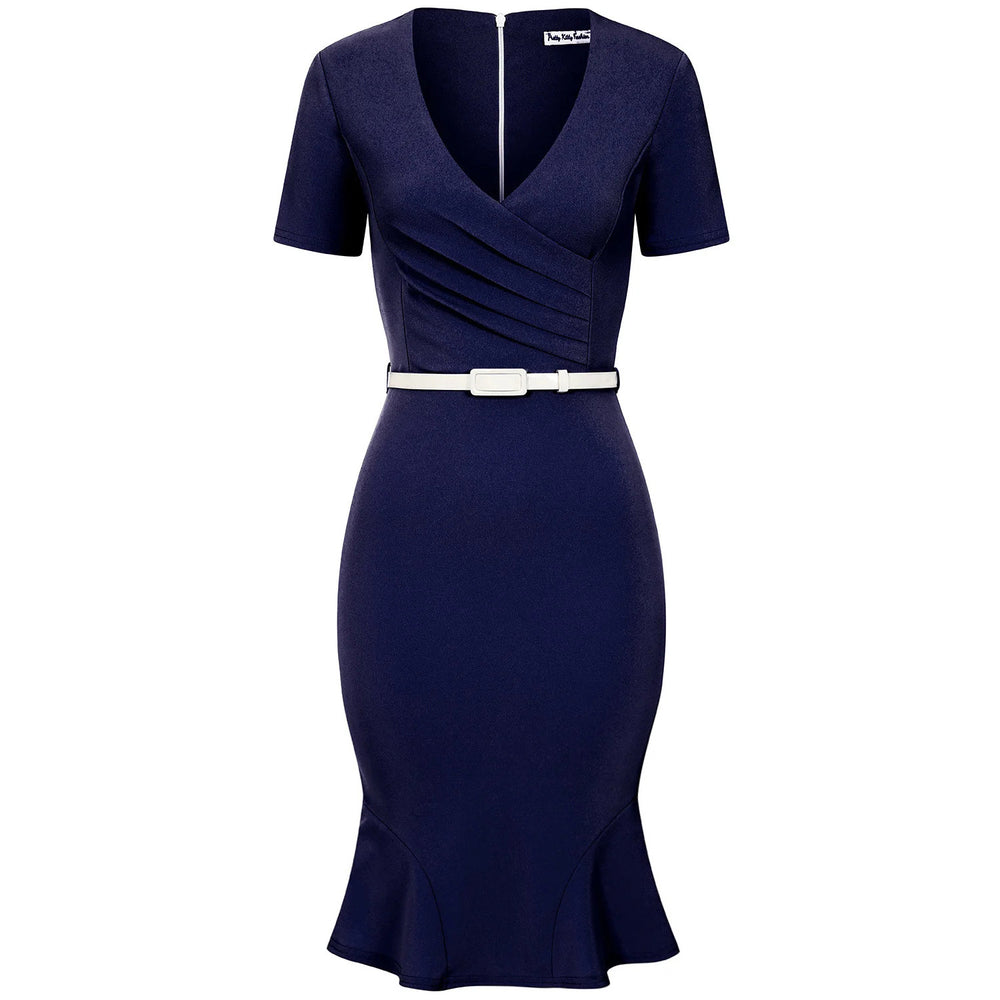 Navy Blue Pleated Wrap Top Short Sleeve Belted Pencil Wiggle Dress with Fluted Hem