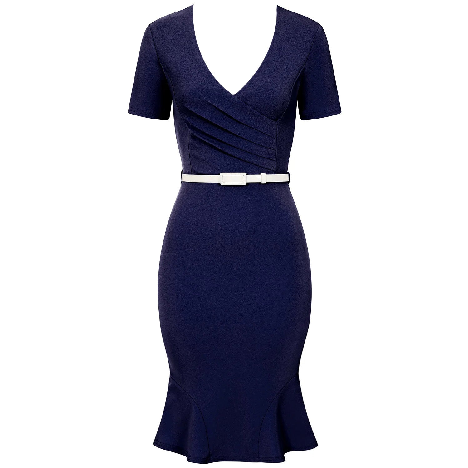 Navy Blue Pleated Wrap Top Short Sleeve Belted Pencil Wiggle Dress with Fluted Hem