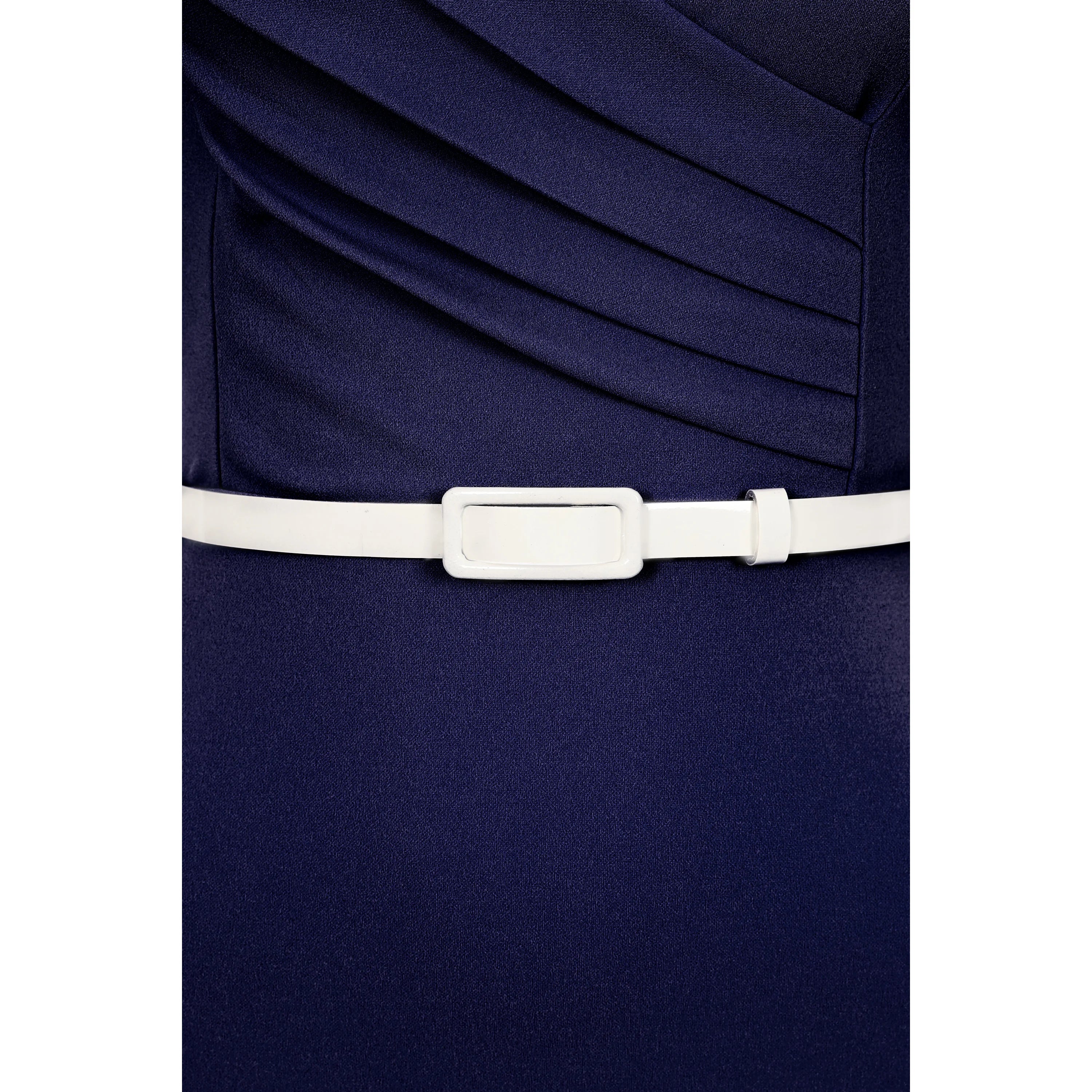 Navy Blue Pleated Wrap Top Short Sleeve Belted Pencil Wiggle Dress with Fluted Hem