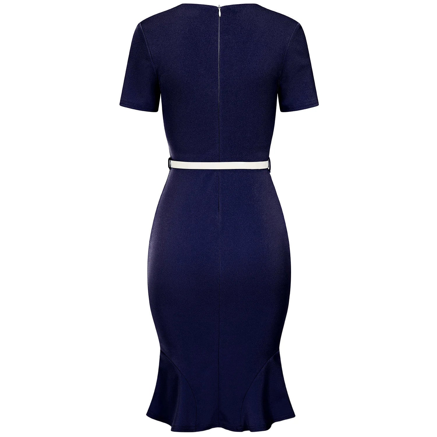 Navy Blue Pleated Wrap Top Short Sleeve Belted Pencil Wiggle Dress with Fluted Hem
