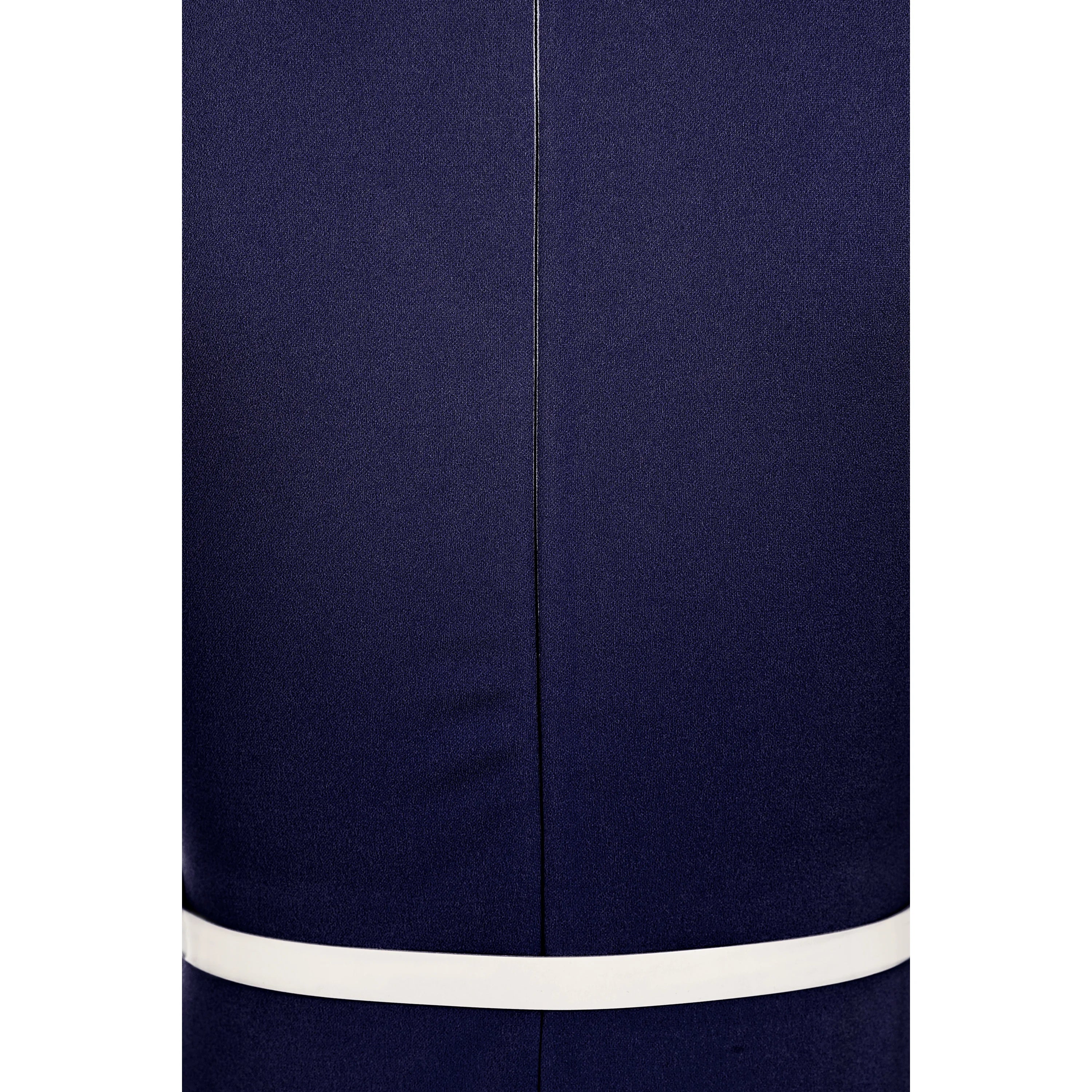 Navy Blue Pleated Wrap Top Short Sleeve Belted Pencil Wiggle Dress with Fluted Hem