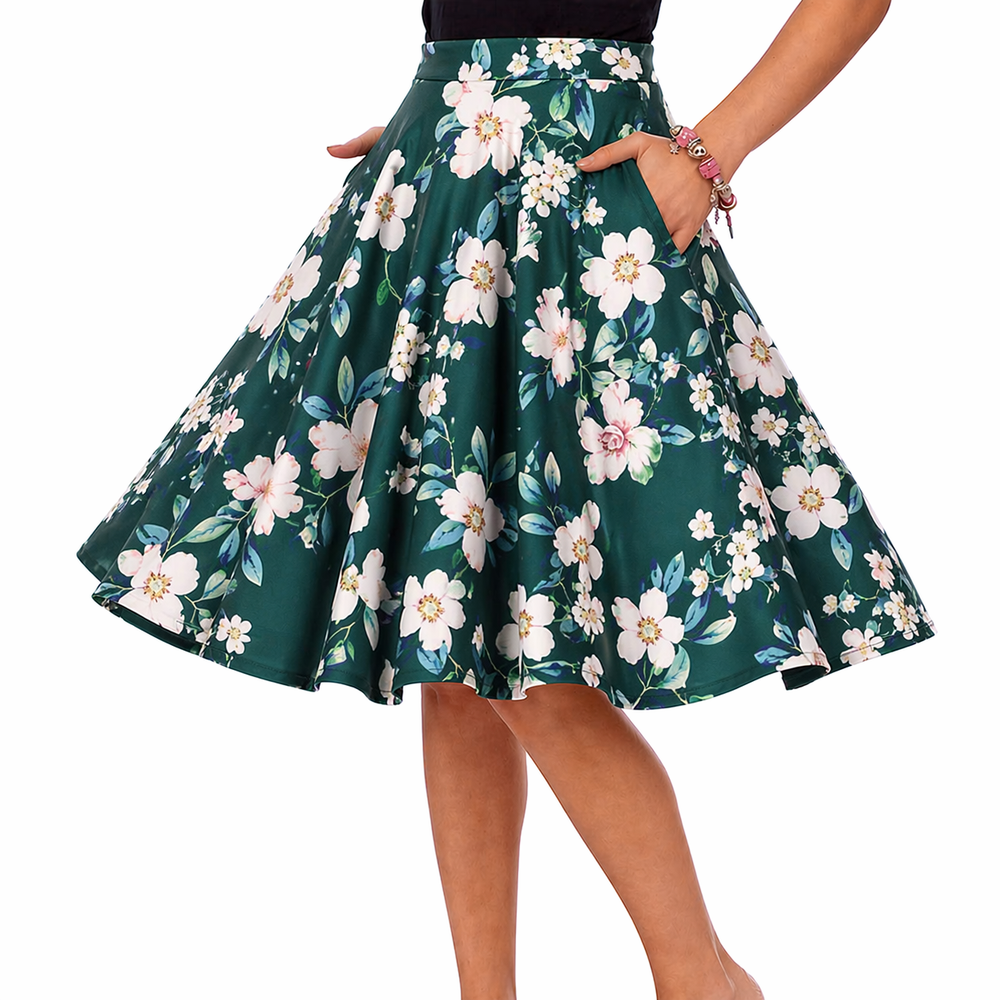 Vintage Style Green Floral Swing Skirt – 1950s A-Line Full Skirt with High Waist