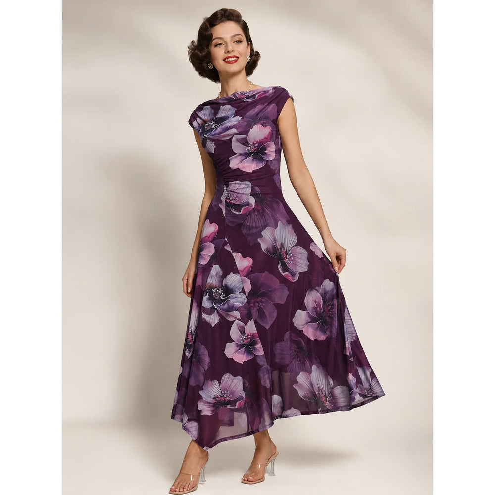 Jolie Moi Purple Floral Cowl Neck Midi Dress – Vintage Inspired Occasion Dress