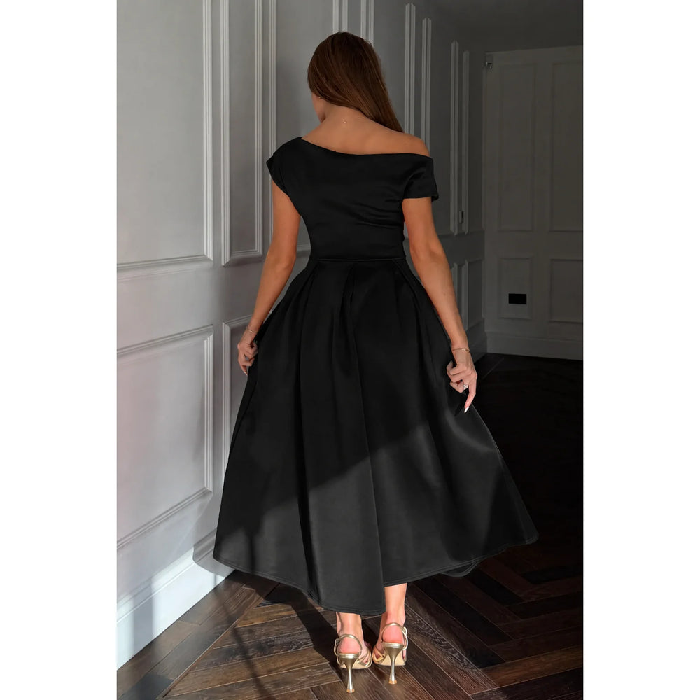 Black Asymmetric Off Shoulder Midi Dress With Pockets