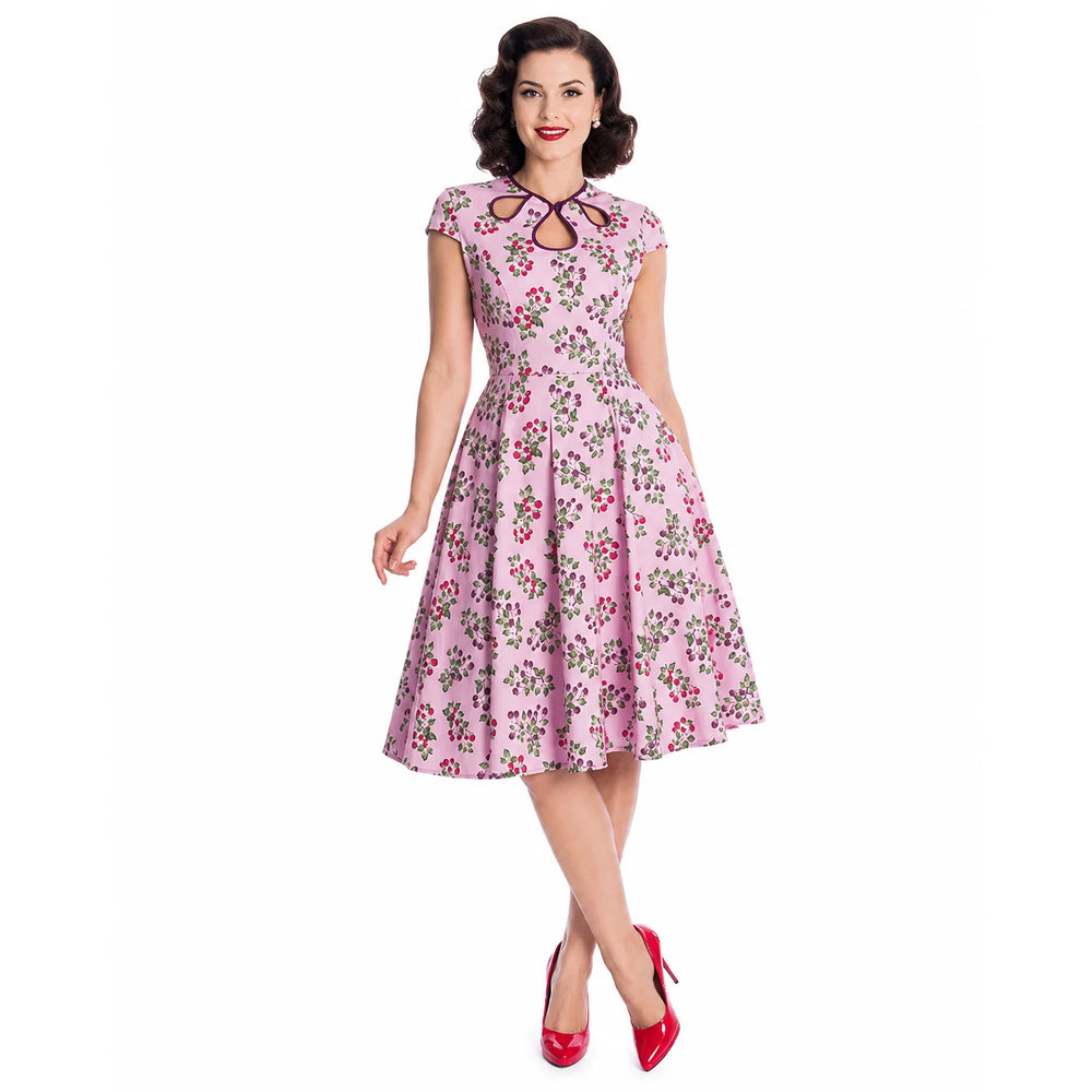 Pink Berry Floral 1950s Swing Dress with Keyhole Neckline