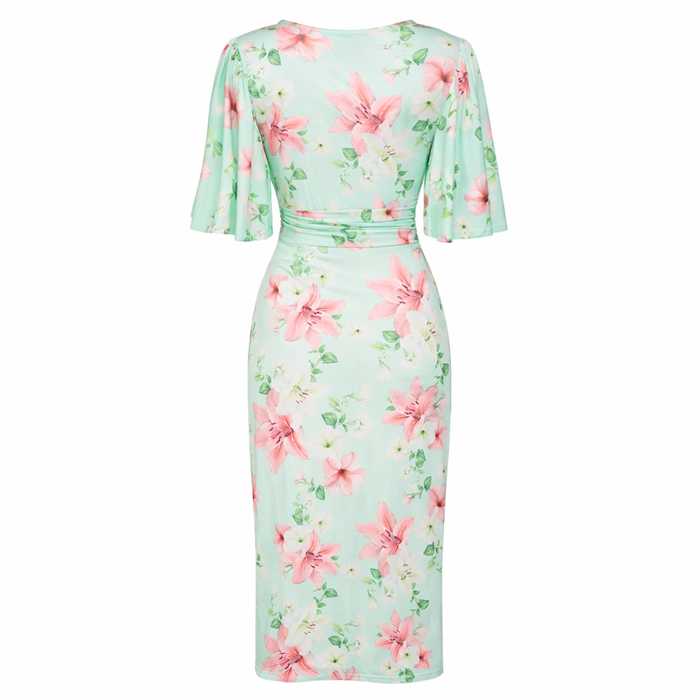 Mint Green Floral Print Butterfly Sleeve Slinky Pencil Cocktail Dress