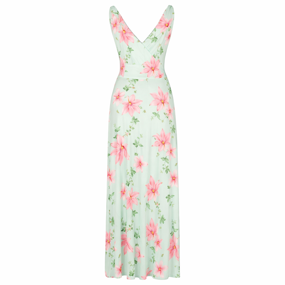 Mint Green Floral Print Slinky Summer Maxi Dress