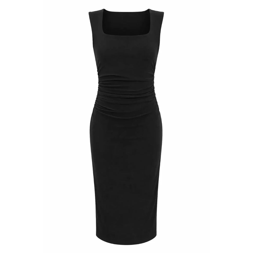 Black Ruched Wiggle Dress Square Neck Fitted Pencil Dress