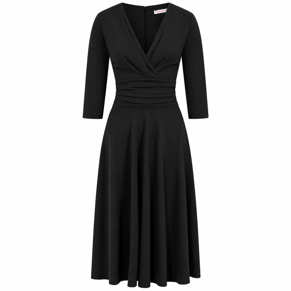 Black Deep V Neck A Line Vintage Ruched Waist 3/4 Sleeve Swing Midi Dress
