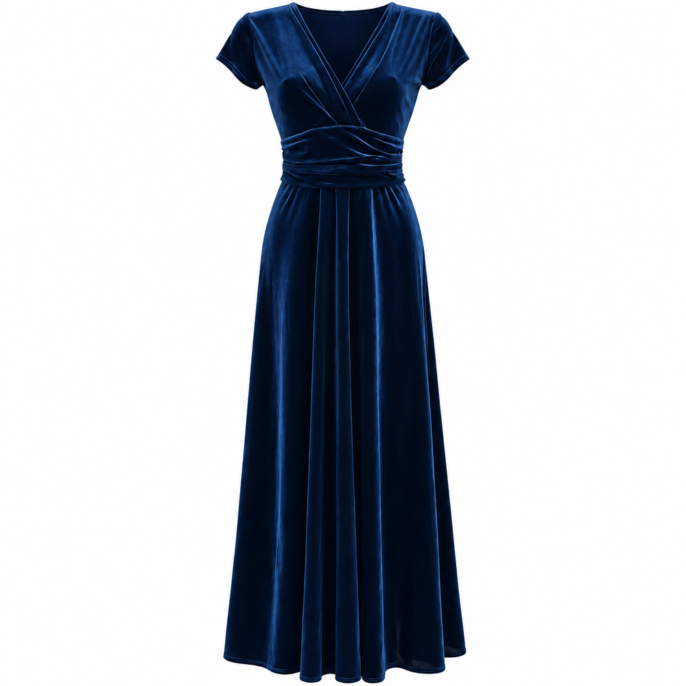 1940s Inspired Navy Blue Velour V Neck Cap Sleeve Maxi Dress
