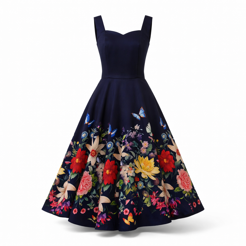 Navy Blue Floral & Butterfly Sleeveless 50s Swing Dress with Sweetheart Neck & Pockets