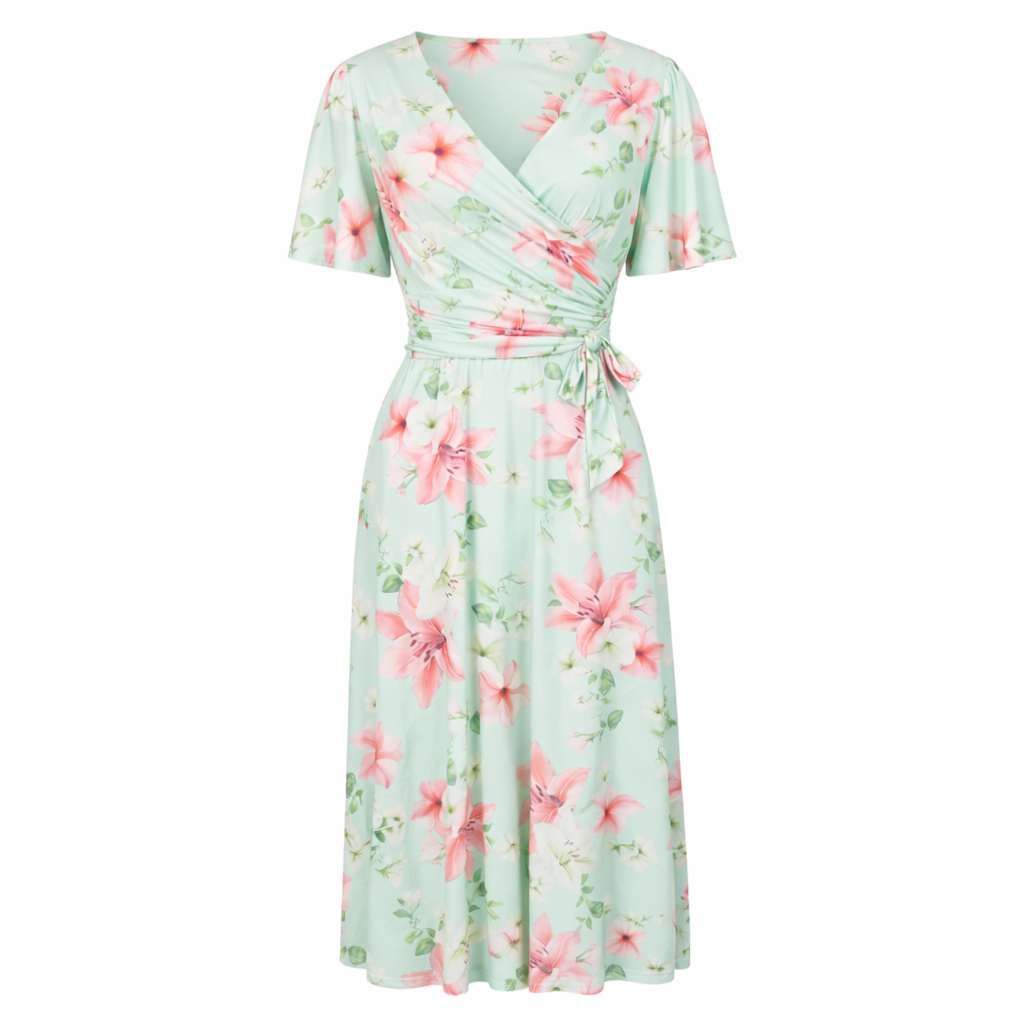 mint green floral wrap dress Mint Green Floral Wrap Midi Dress – Vintage Inspired 1950s Style Tea D –  Pretty Kitty Fashion