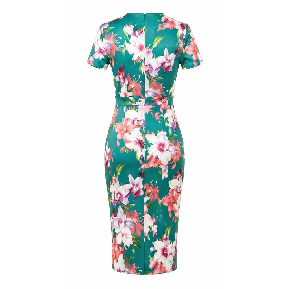 Green Tropical Floral Wiggle Dress – Vintage Style Pencil Dress with V Neck