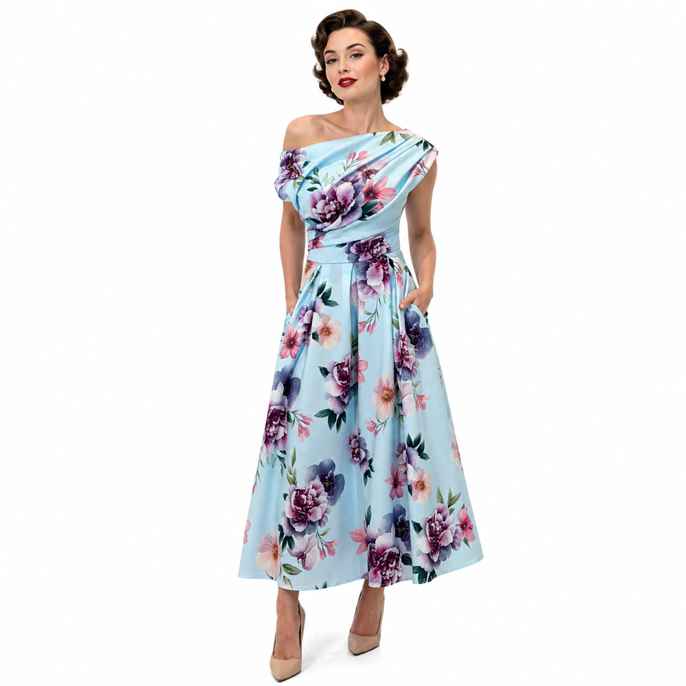 Asymmetric Off Shoulder Blue Floral Midi Dress With Pockets
