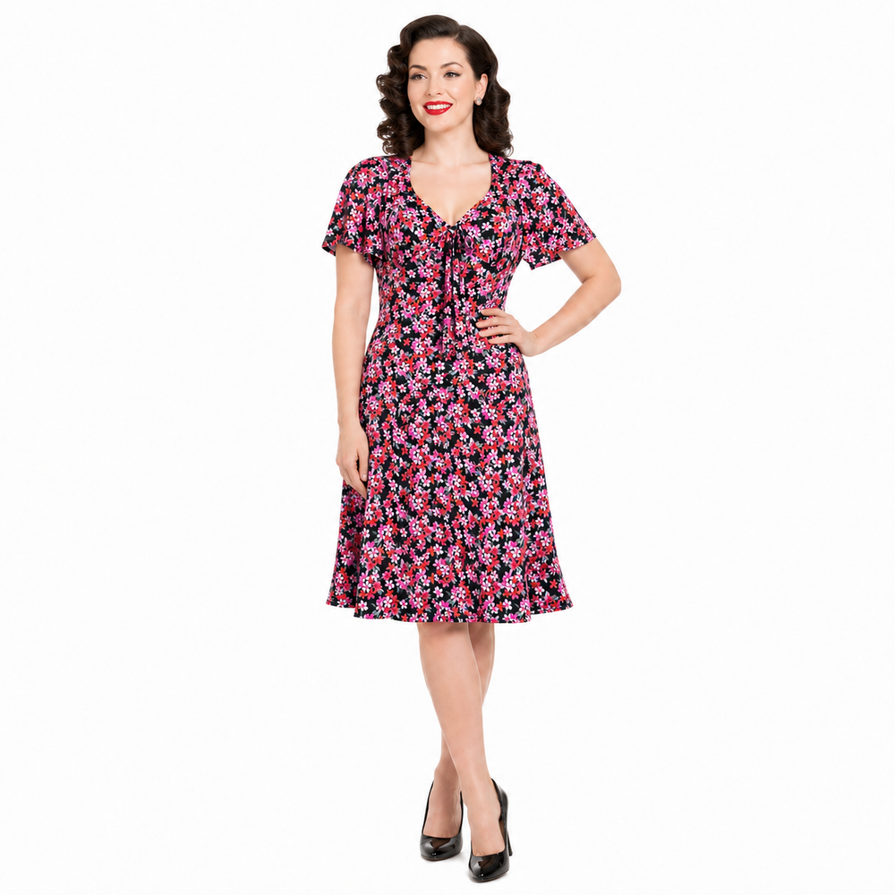 Vintage Inspired Black Floral Tie Front Midi Dress with Flutter Sleeves