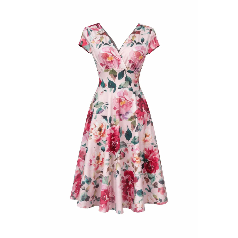 Summer Pink Floral Wrap Top A Line Swing Tea Dress With Cap Sleeves - Pretty Kitty Fashion