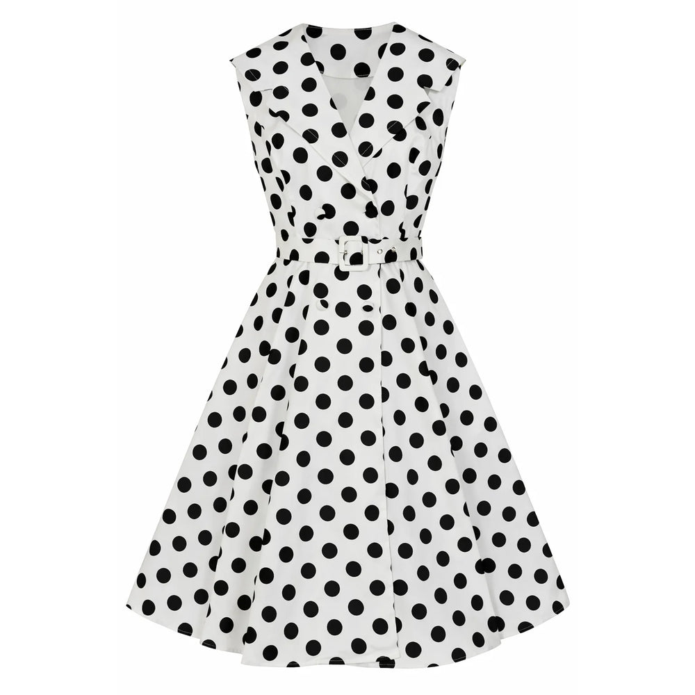 White And Black Polka Dot Sleeveless Tea Dress With Belt - Pretty Kitty Fashion