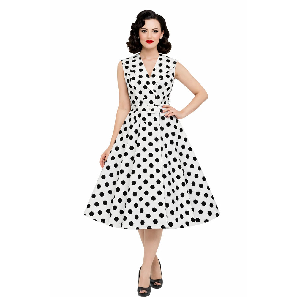 White And Black Polka Dot Sleeveless Tea Dress With Belt - Pretty Kitty Fashion