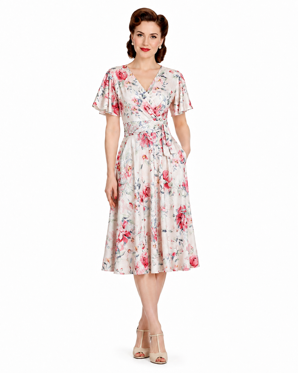 Cream Pink Floral Print Lined Cap Sleeve V Neck Wrap Top Swing Dress