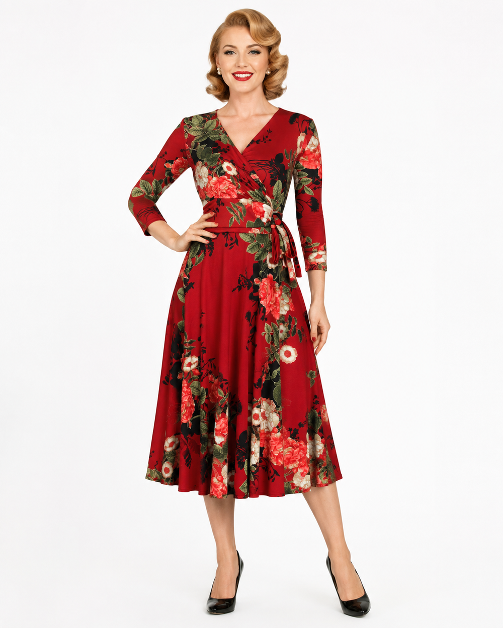 Wine Red And Sage Print 3/4 Sleeve Crossover Top Vintage Swing Dress