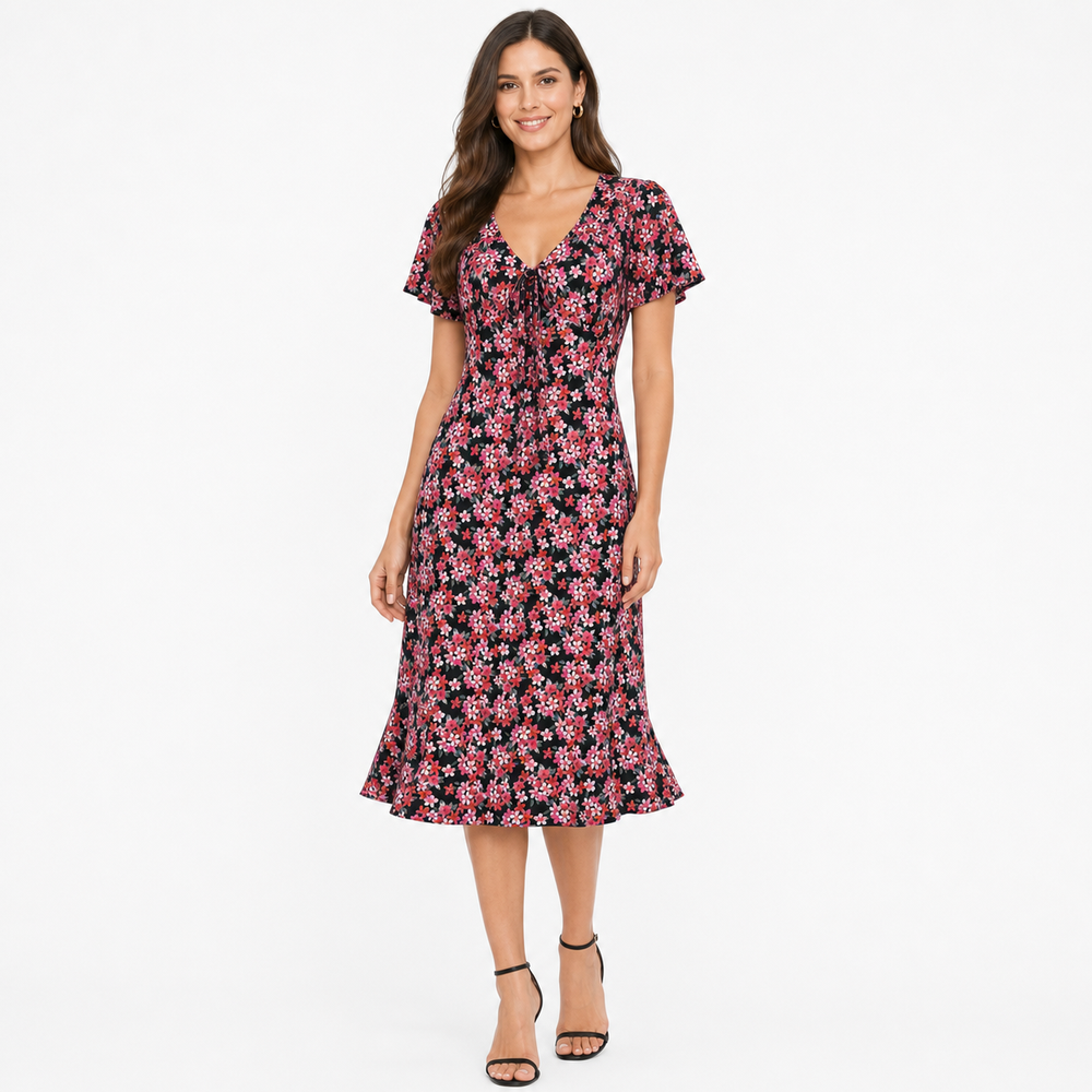 Vintage Inspired Black Floral Tie Front Midi Dress with Flutter Sleeves