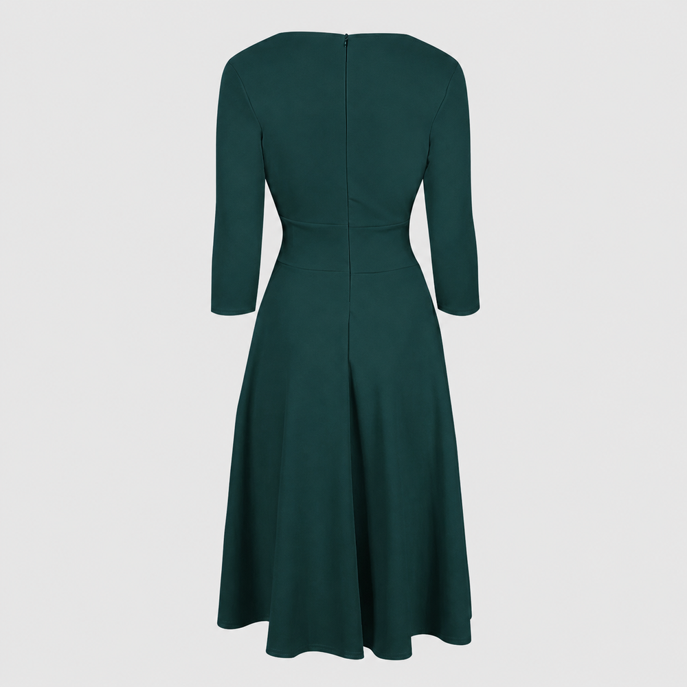 1950s Style Forest Green Vintage A Line Crossover 3/4 Sleeve Tea Swing Dress