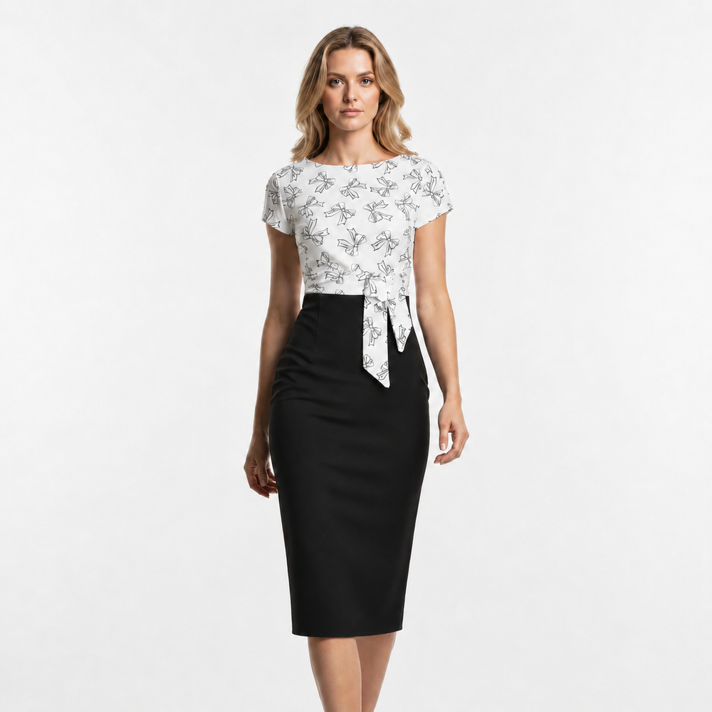White And Black Bow Print Tie Front Bodycon Midi Dress