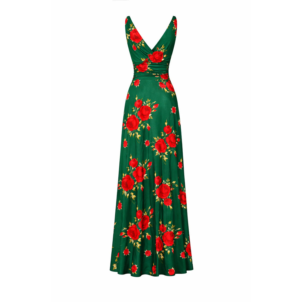 Green Floral Print Slinky Summer Maxi Dress