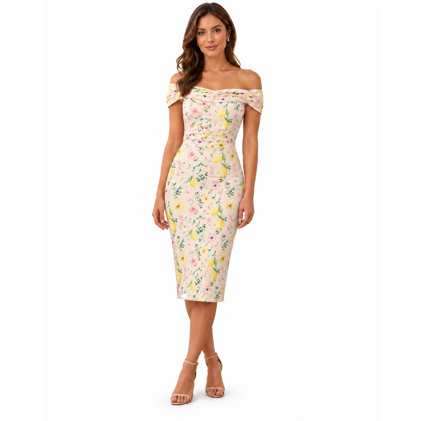 off the shoulder wiggle dress Vintage Pink Lemon Floral Wiggle Dress – 1950s Off Shoulder Bardot Pen –  Pretty Kitty Fashion