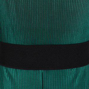Dark Green Plisse Wrap Midi Flare Dress