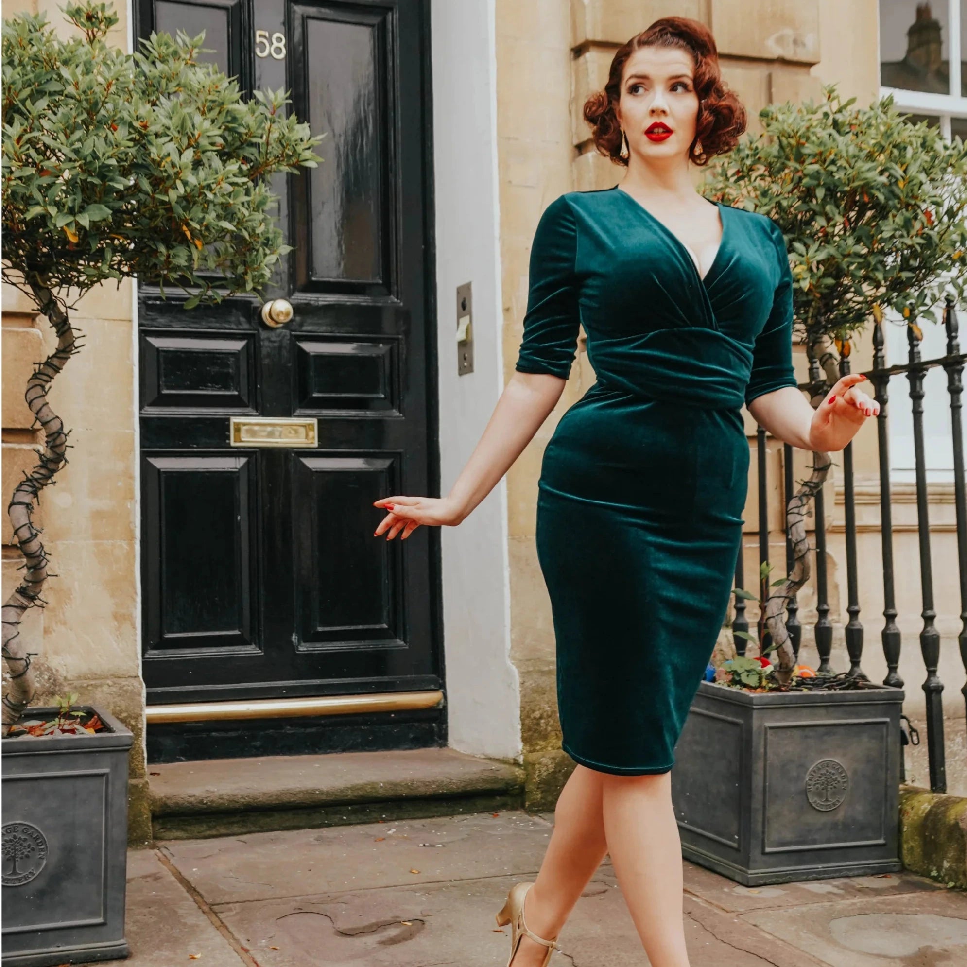 Emerald Green Velour Deep V 3 4 Sleeve Bodycon Ruched Waist Wiggle Dress