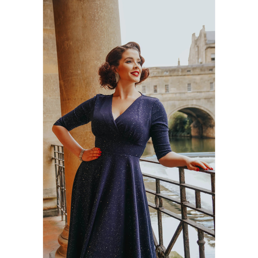 Navy Blue Silver Glitter Vintage A Line Crossover 3/4 Sleeve Tea Swing Dress