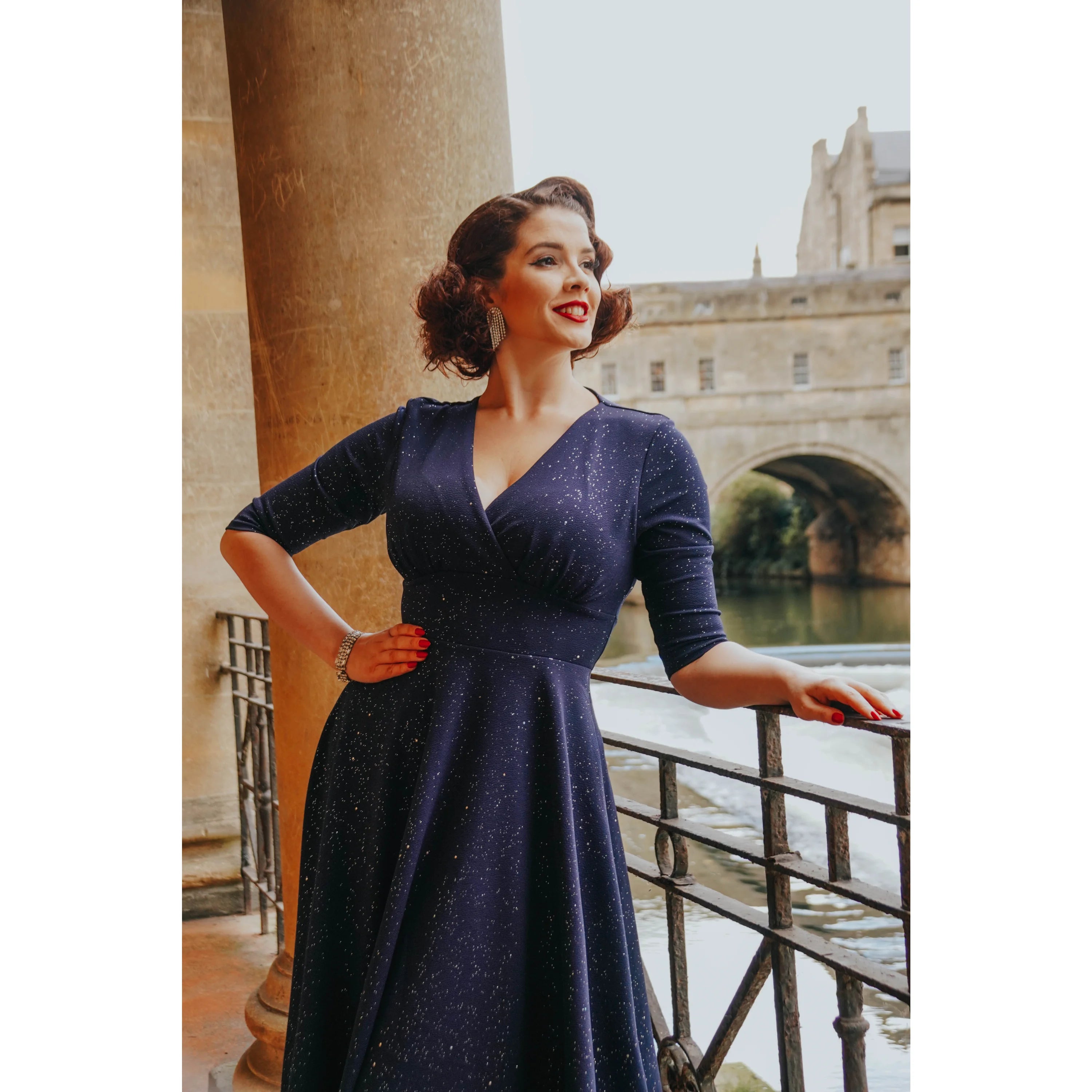 Navy Blue Silver Glitter Vintage A Line Crossover 3/4 Sleeve Tea Swing Dress