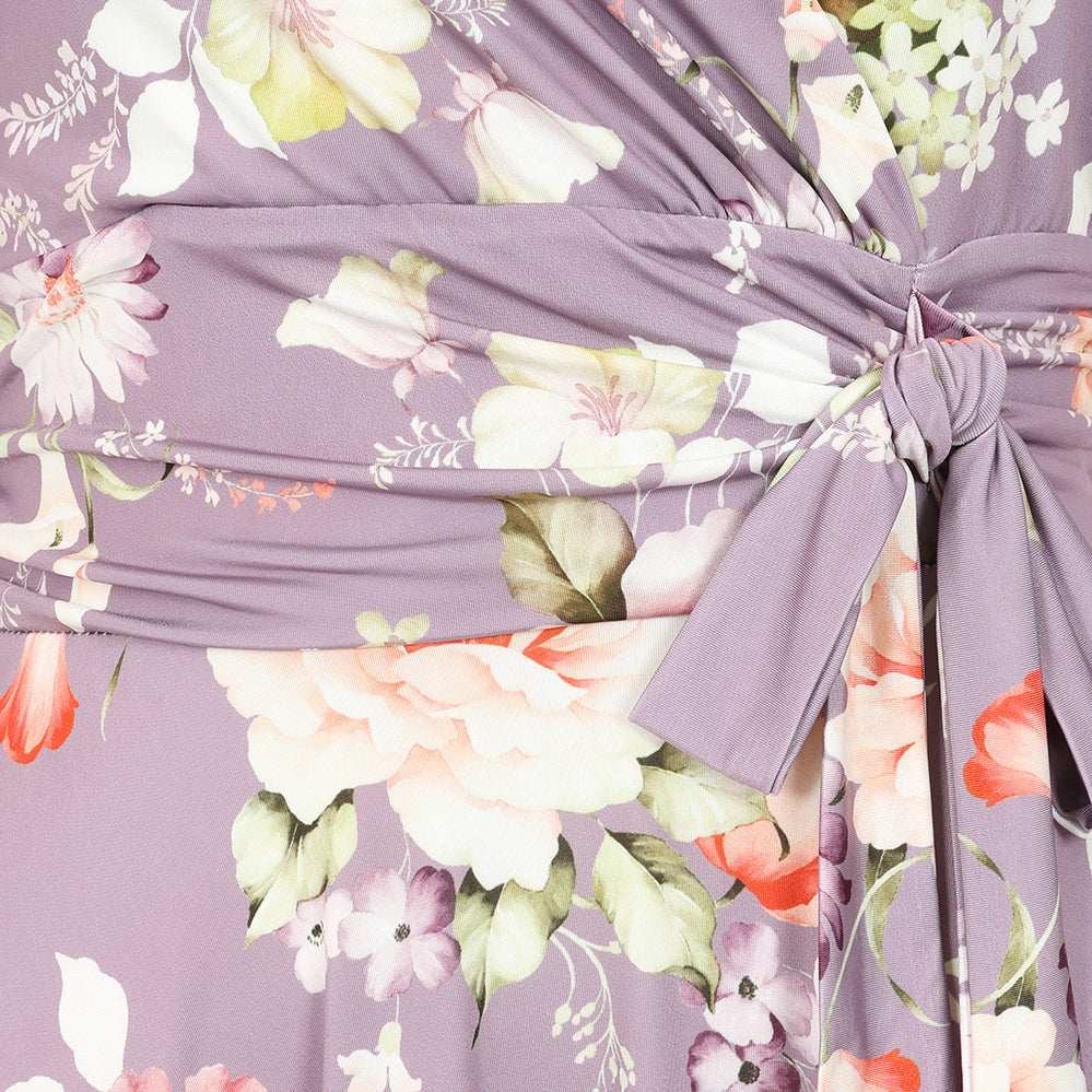 Lilac Floral Print Cap Sleeve V Neck Wrap Top Swing Dress