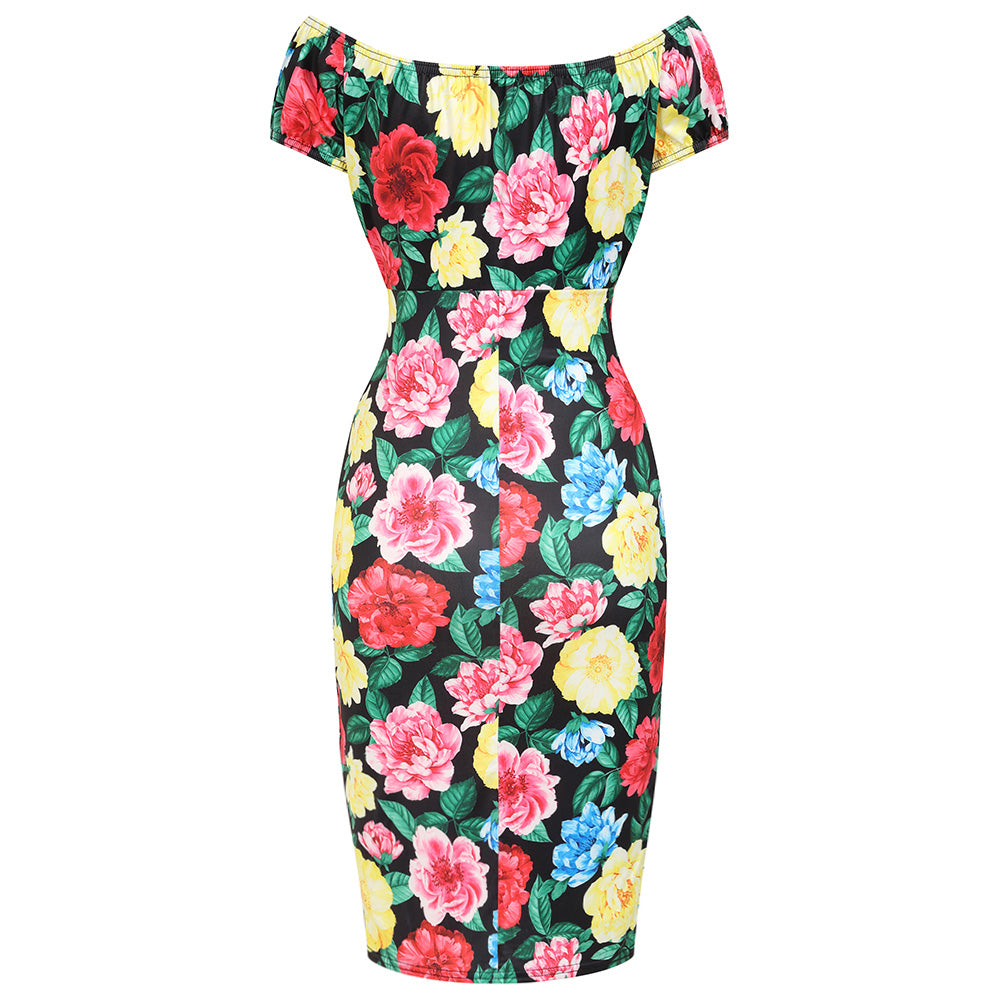 Black Rose Print Elasticated Top Off Shoulder Wiggle Pencil Dress