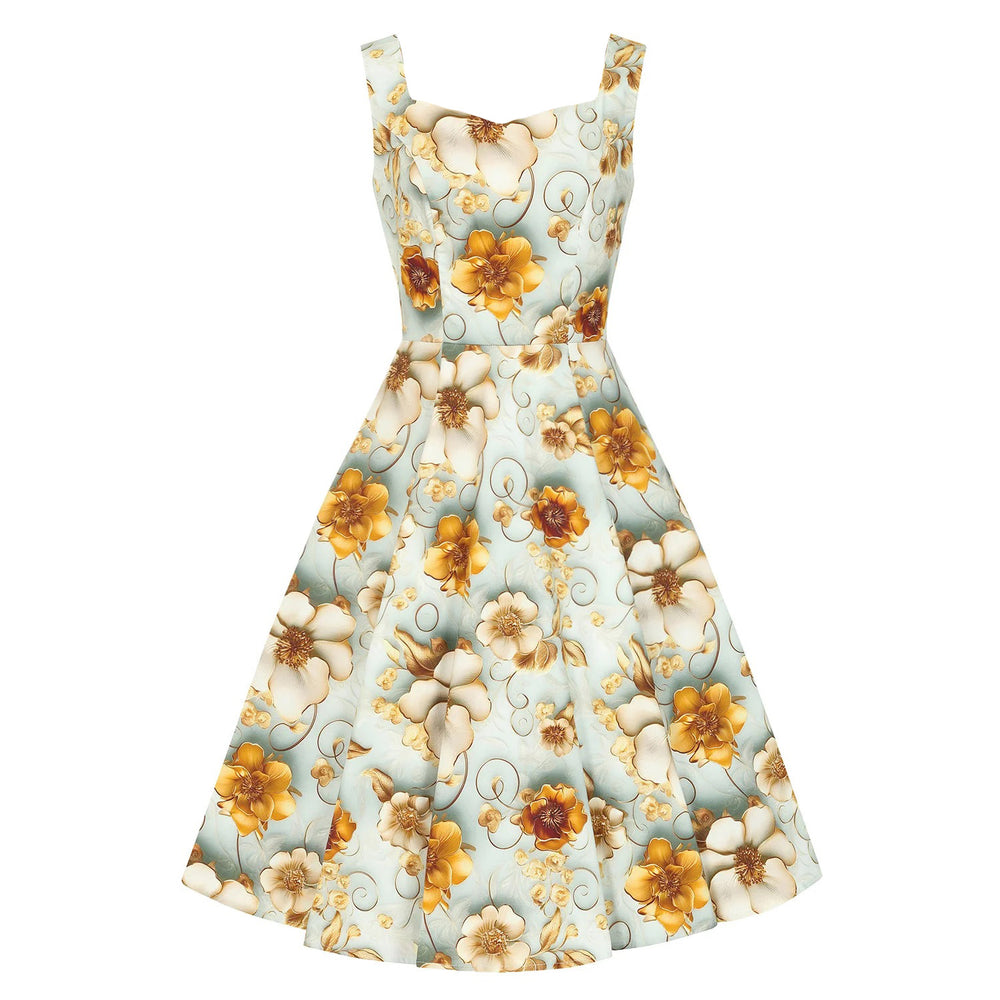 Blue With Gold Cream 3D Floral Print Rockabilly 50s Swing Dress