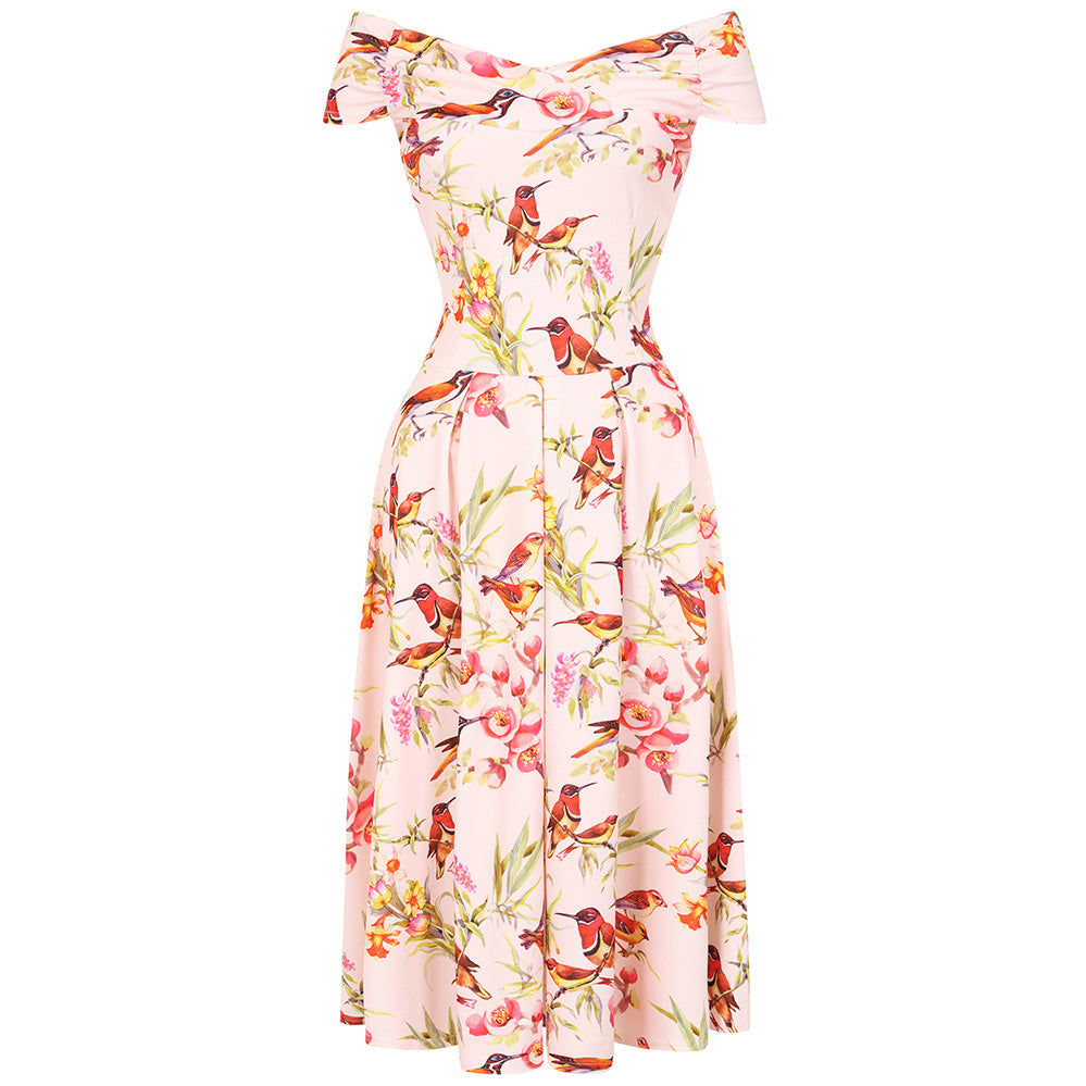 Pink Floral and Bird Print Cap Sleeve Crossover Bardot Neckline 50s Swing Dress