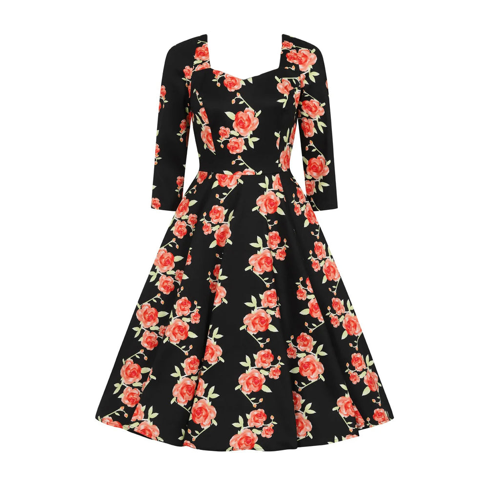 Black Rose Print 3/4 Sleeve Sweetheart Neckline 50s Swing Dress With Pockets
