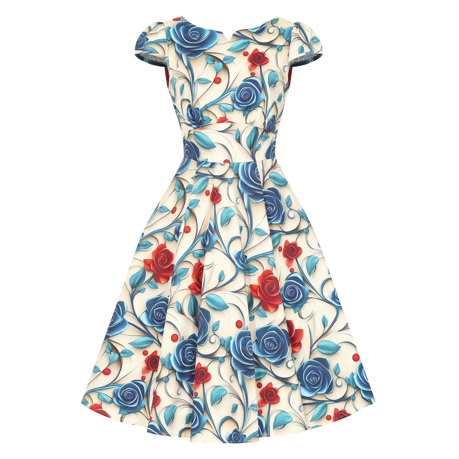 Cream Rose Print Summer Rockabilly 50s Swing Dress with 3D Effect Blue & Red Florals