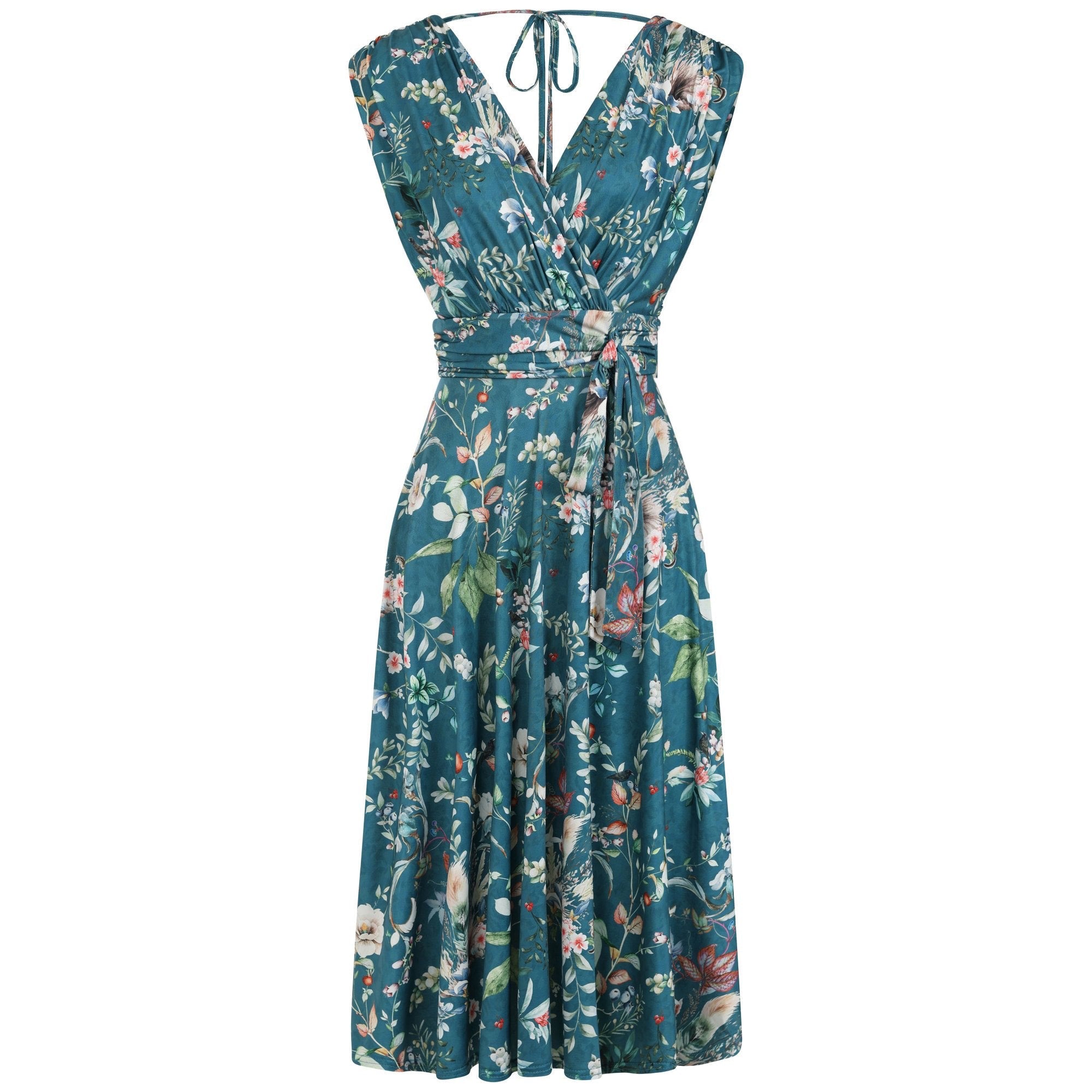 Mid Teal Floral Wildlife V Neck Crossover Top Empire Waist Swing Dress