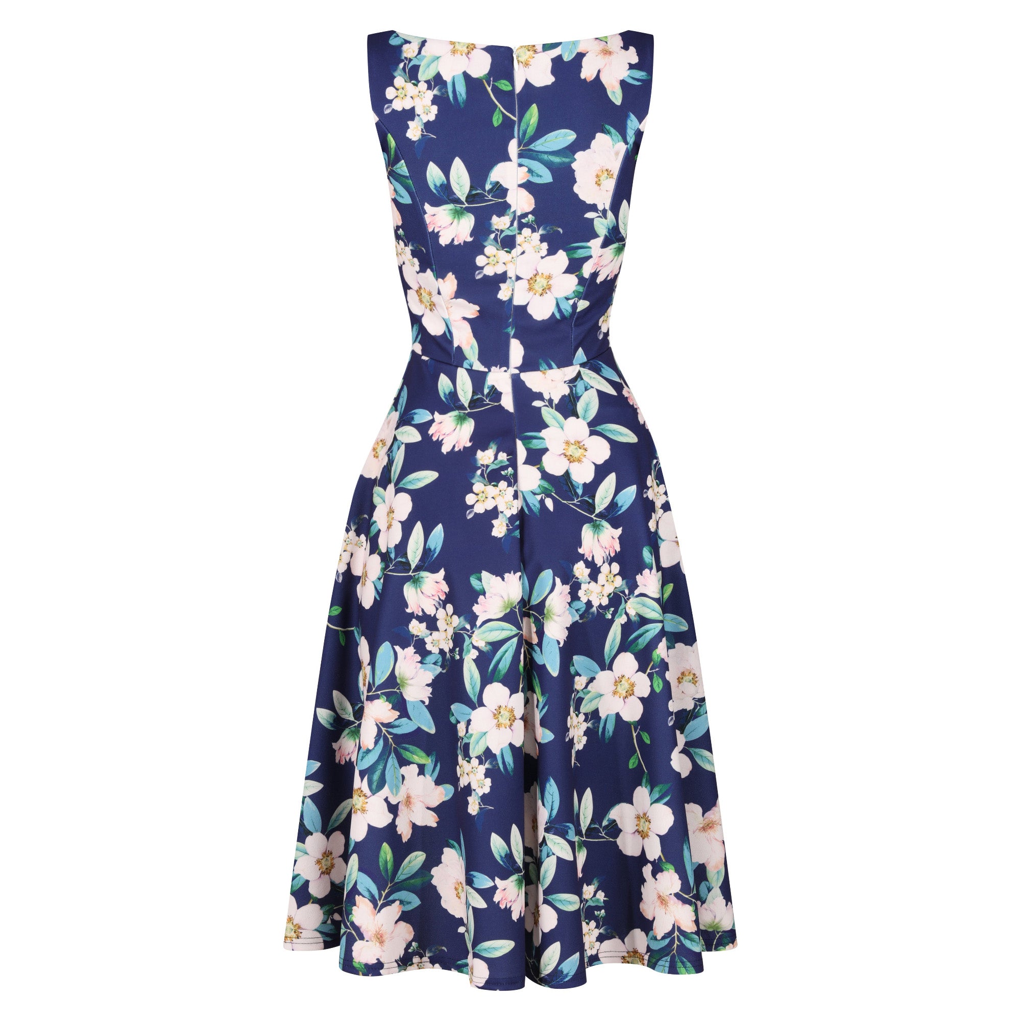 Navy Blue Floral Audrey Hepburn Style Sleeveless 50s Swing Dress With Boat Neckline
