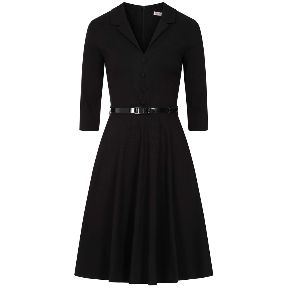 Black Textured 3/4 Sleeve Office Work Belted Swing Dress