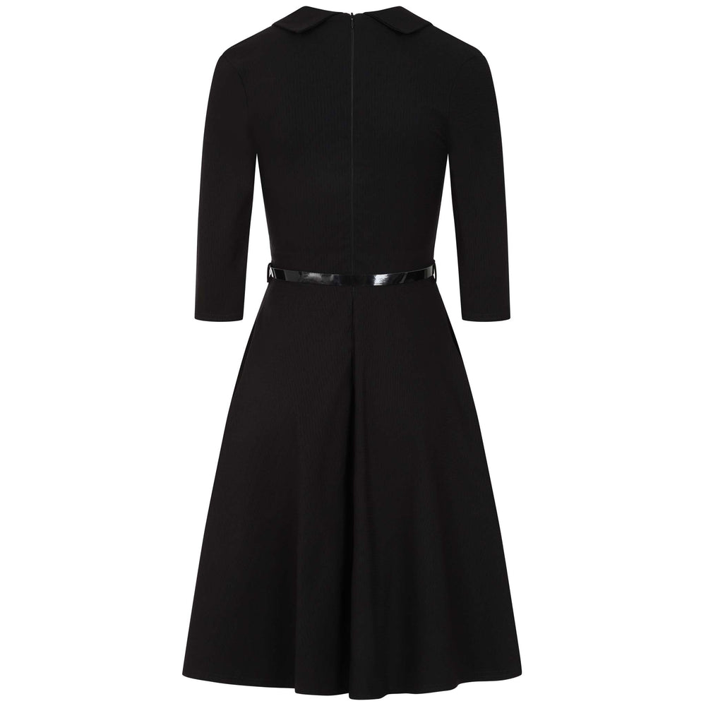 Black Textured 3/4 Sleeve Office Work Belted Swing Dress