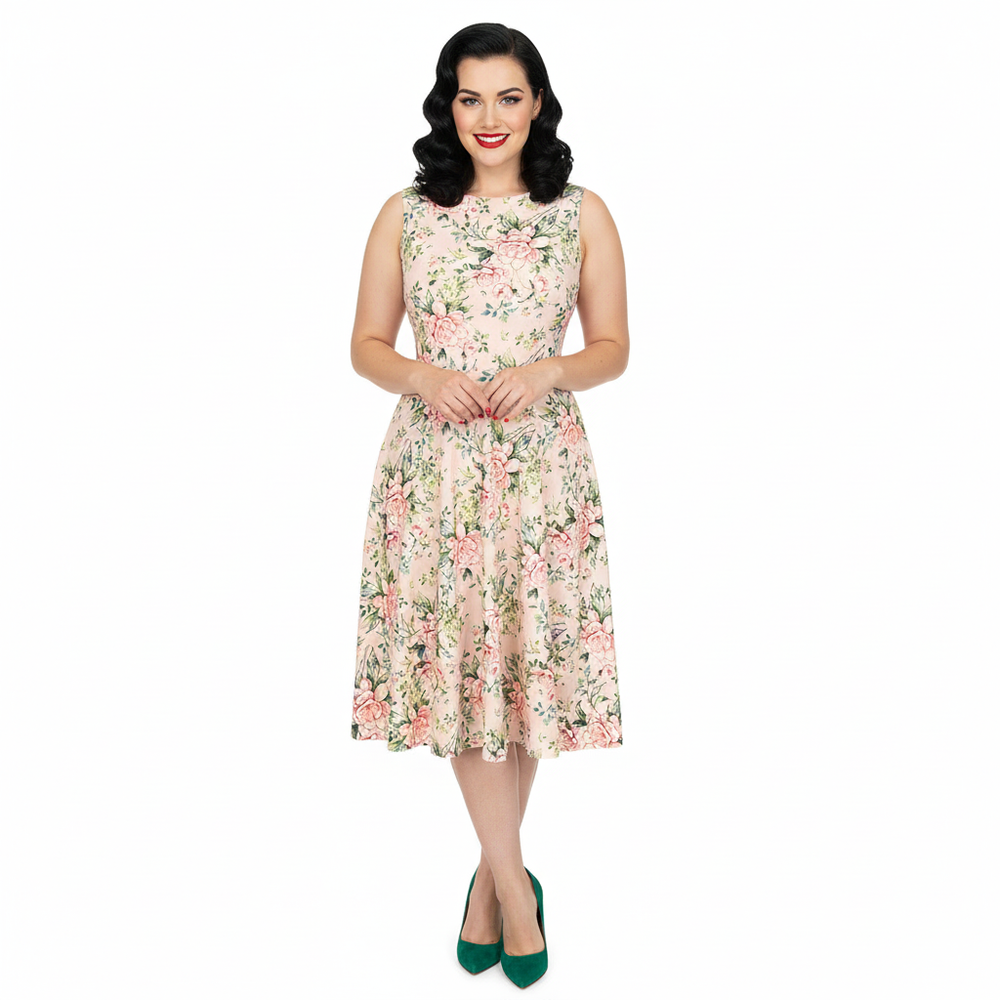 Vintage Pink Floral Audrey Hepburn Style Sleeveless 50s Swing Dress - Pretty Kitty Fashion