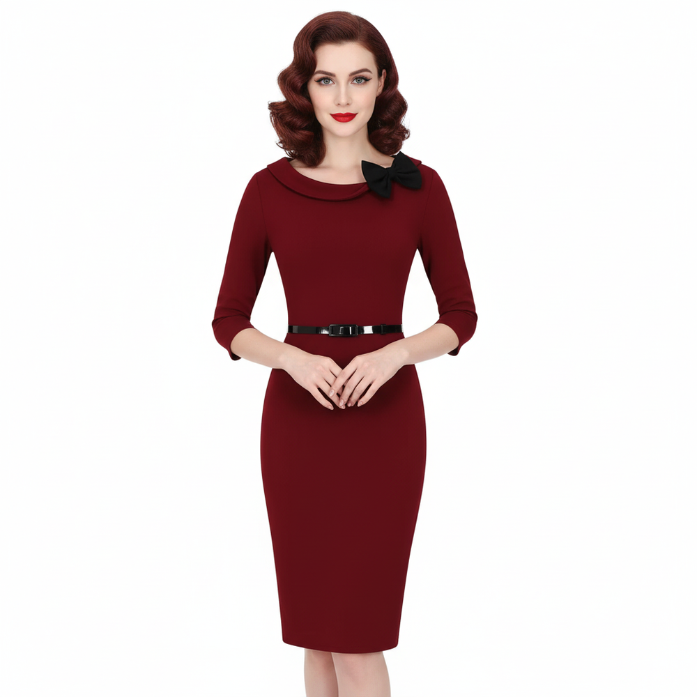 Wine Black 3/4 Sleeve Belted Bow Pencil Dress